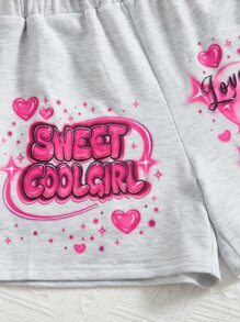 SHEIN 女孩愛心和標語圖案短褲