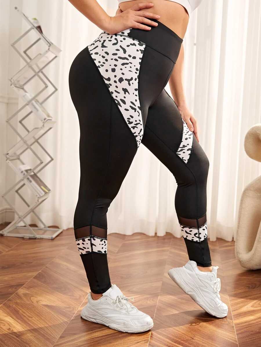 Plus Leopard Print Mesh Insert Wideband Waist Sports Leggings - Black - View 1