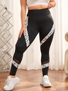 Plus Leopard Print Mesh Insert Wideband Waist Sports Leggings - Black - View 3