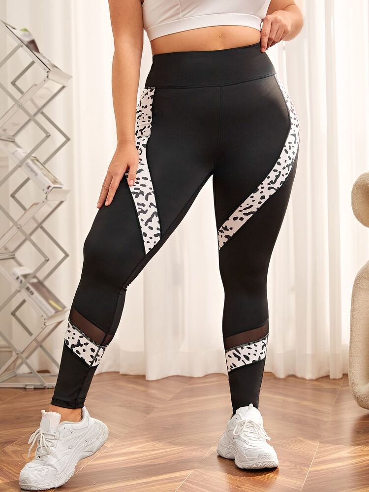 Leggings deportivos con estampado de leopardo de malla de cintura ancha - Negro - Añade 3