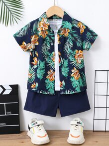 SHEIN 少年熱帶印花上衣和短褲,不含t恤 - 藏蓝色 - 查看 1