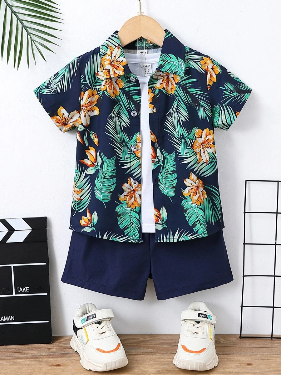 SHEIN 少年熱帶印花上衣和短褲,不含t恤 - 藏蓝色 - 查看 1