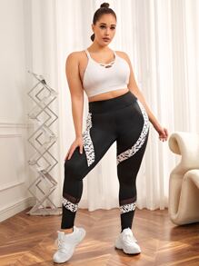 Plus Leopard Print Mesh Insert Wideband Waist Sports Leggings - Black - View 5