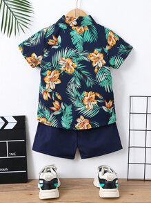 SHEIN 少年熱帶印花上衣和短褲,不含t恤 - 藏蓝色 - 查看 2