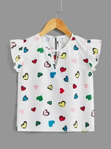 SHEIN Girls Heart Print Keyhole Neck Butterfly Sleeve Blouse - White - View 1