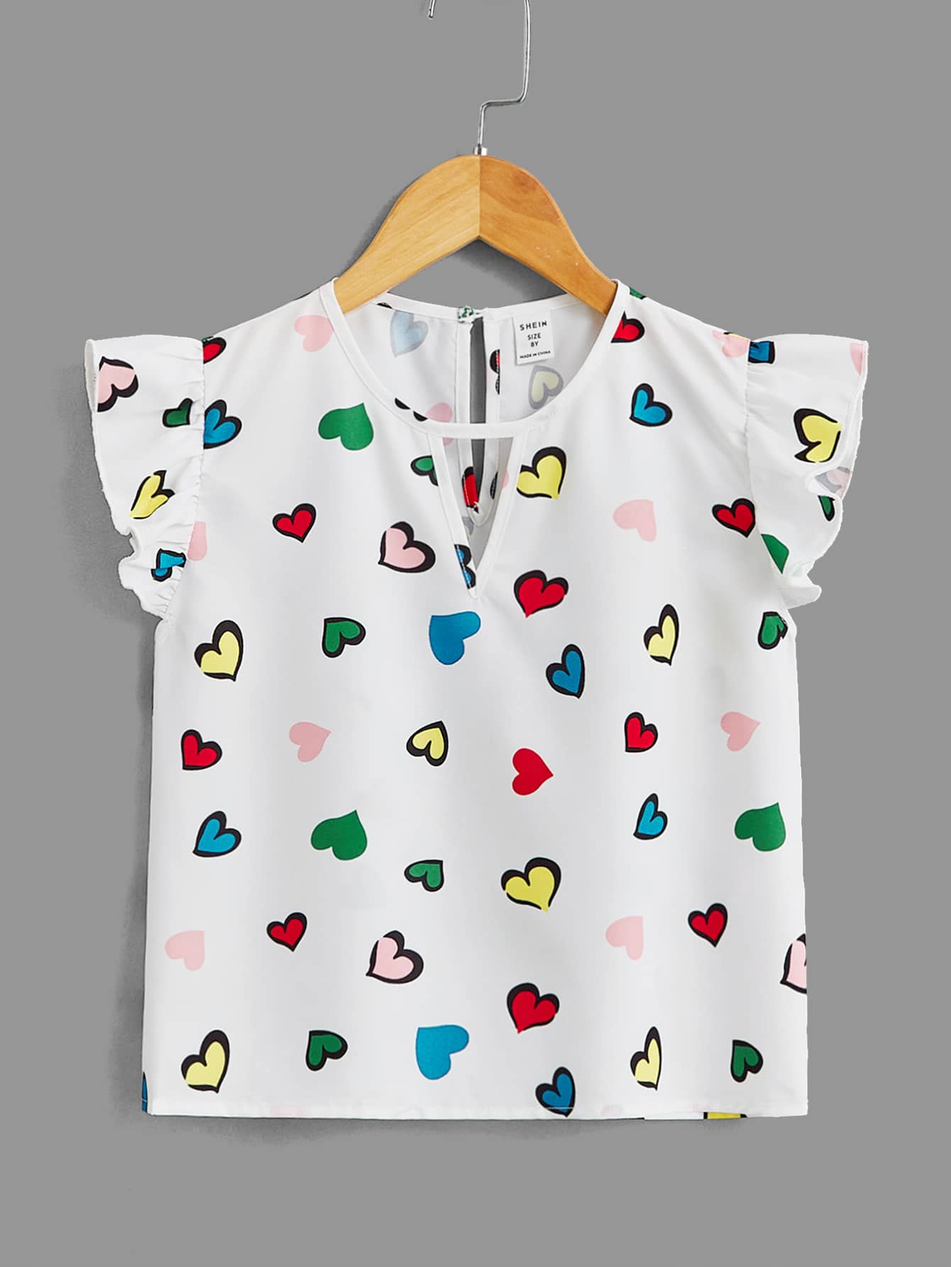 SHEIN Girls Heart Print Keyhole Neck Butterfly Sleeve Blouse - White - View 1