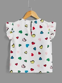 SHEIN Girls Heart Print Keyhole Neck Butterfly Sleeve Blouse - White - View 2
