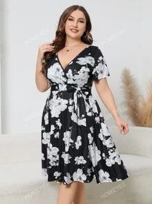 Plus Floral Print Butterfly Sleeve Belted Dress