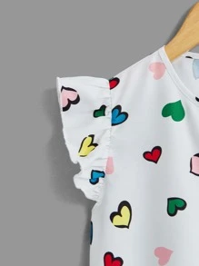 SHEIN Girls Heart Print Keyhole Neck Butterfly Sleeve Blouse - White - View 3