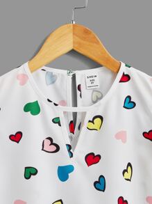SHEIN Girls Heart Print Keyhole Neck Butterfly Sleeve Blouse - White - View 4