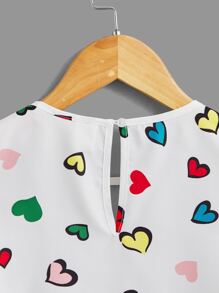 SHEIN Girls Heart Print Keyhole Neck Butterfly Sleeve Blouse - White - View 5