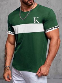 Manfinity Homme 男士字母圖案拼接邊T恤 - 綠色 - 查看 1