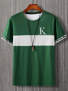 Manfinity Homme 男士字母圖案拼接邊T恤 - 綠色 - 查看 4