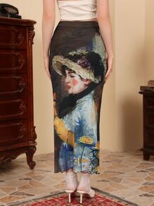 SHEIN MOD Figure Graphic Lettuce Trim Mesh Skirt - Multicolor - View 6