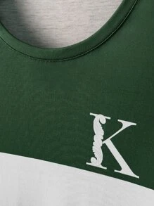 Manfinity Homme 男士字母圖案拼接邊T恤 - 綠色 - 查看 5