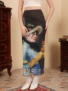 SHEIN MOD Figure Graphic Lettuce Trim Mesh Skirt - Multicolor - View 5