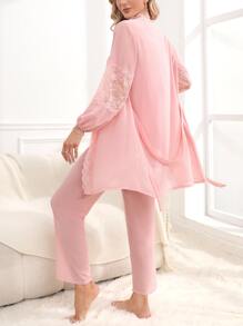 Contrast Lace Lantern Sleeve Robe & Trousers PJ Set - Pink - View 2