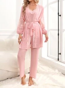 Contrast Lace Lantern Sleeve Robe & Trousers PJ Set - Pink - View 4