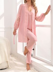 Contrast Lace Lantern Sleeve Robe & Trousers PJ Set - Pink - View 5
