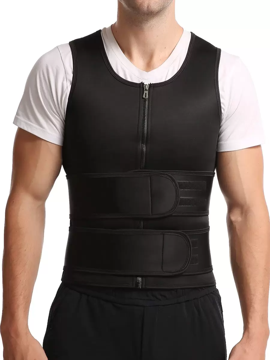 Men Zipper Front Synthetic Rubber Sports Tank Top - Black - View 1