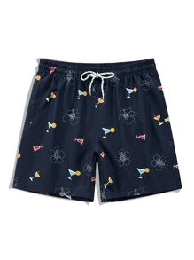 Manfinity KASUA Men Floral Graphic Drawstring Waist Swim Trunks - Navy Blue - View 1