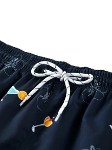 Manfinity KASUA Men Floral Graphic Drawstring Waist Swim Trunks - Navy Blue - View 3