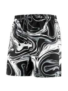 Manfinity Hombres Shorts de natación con estampado de mármol de cintura con cordón - Blanco y Negro - Ver 1