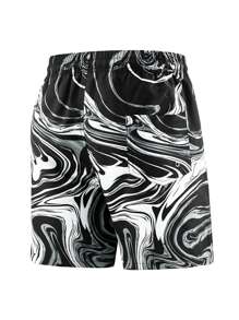 Manfinity Hombres Shorts de natación con estampado de mármol de cintura con cordón - Blanco y Negro - Ver 2
