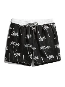 Manfinity Hombres Shorts de natación con estampado de árbol de cintura con cordón - Negro - Ver 1
