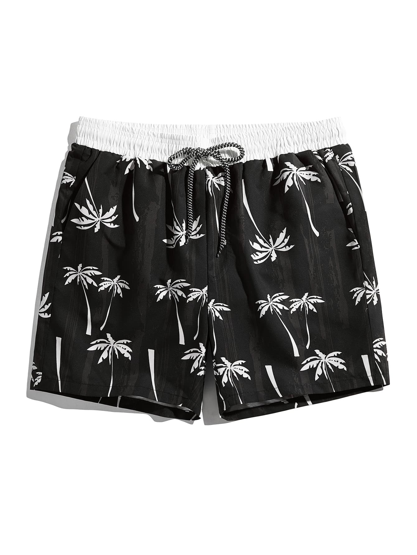 Manfinity Hombres Shorts de natación con estampado de árbol de cintura con cordón - Negro - Ver 1