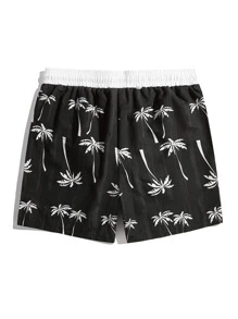 Manfinity Hombres Shorts de natación con estampado de árbol de cintura con cordón - Negro - Ver 2