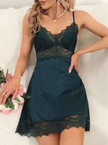 Solid Contrast Lace Cami Nightdress - Teal Blue - View 6