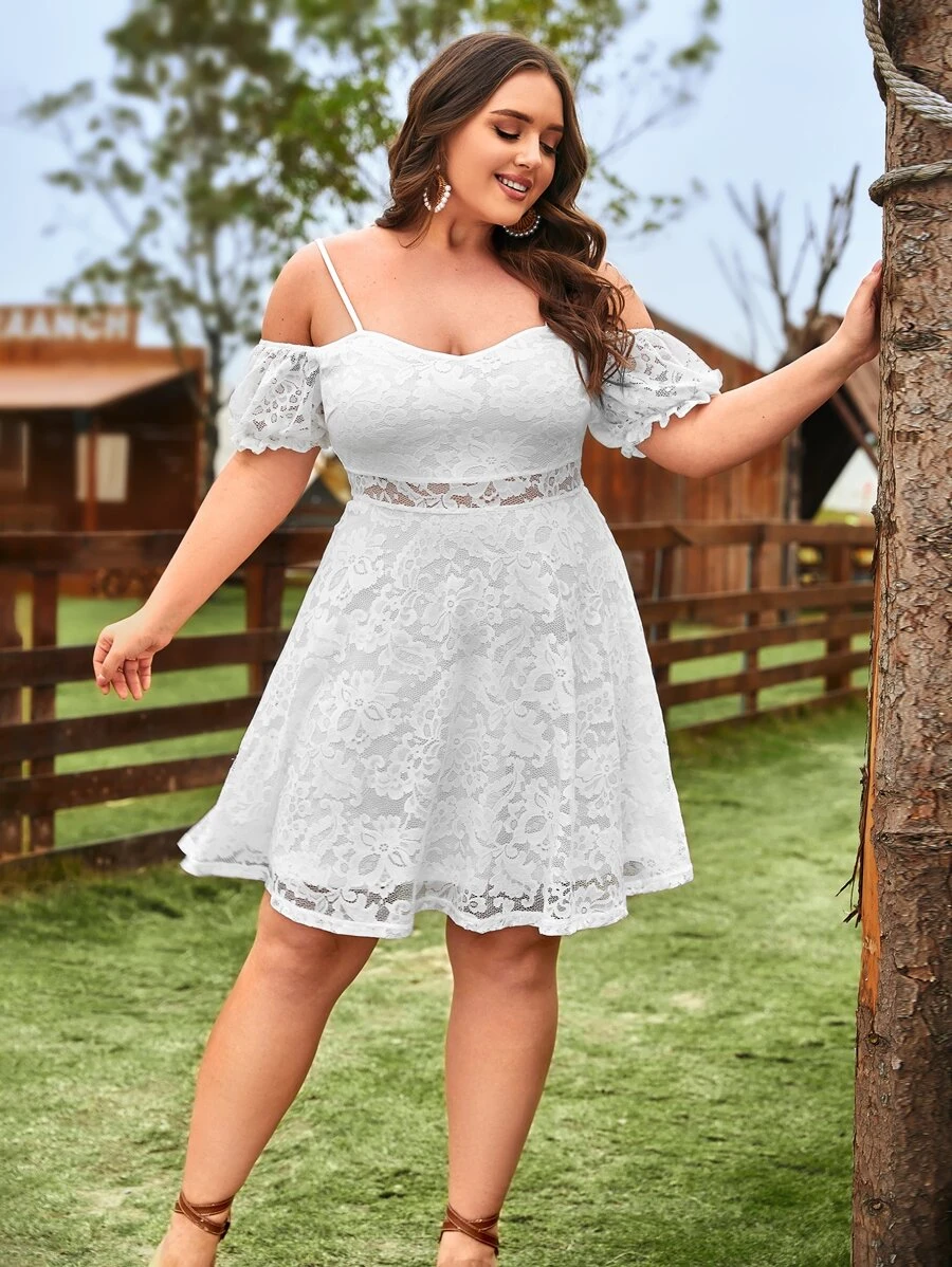 SHEIN VCAY Plus Cold Shoulder Lace Dress - White - View 1