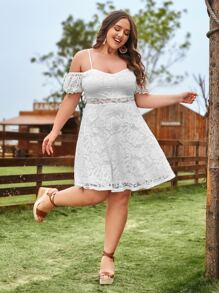 SHEIN VCAY Plus Cold Shoulder Lace Dress - White - View 3