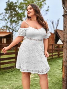 SHEIN VCAY Plus Cold Shoulder Lace Dress - White - View 7