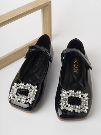 女孩水鑽裝飾方頭瑪麗珍平底鞋