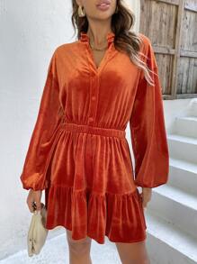 Đầm Viên lá sen Nút phía trước màu trơn Buổi tiệc - trái cam - Xem 1