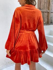 Đầm Viên lá sen Nút phía trước màu trơn Buổi tiệc - trái cam - Xem 2