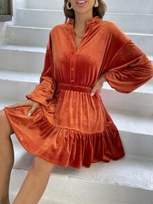 Đầm Viên lá sen Nút phía trước màu trơn Buổi tiệc - trái cam - Xem 3