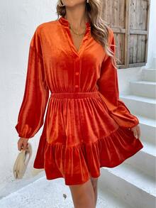 Đầm Viên lá sen Nút phía trước màu trơn Buổi tiệc - trái cam - Xem 4