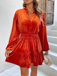 Đầm Viên lá sen Nút phía trước màu trơn Buổi tiệc - trái cam - Xem 5