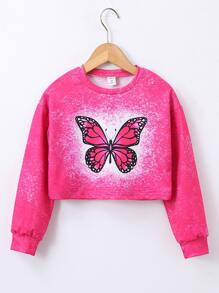 Girls Butterfly Print Drop Shoulder Sweatshirt - Hot Pink - View 1