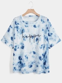 SHEIN LUNE 大碼紮染字母圖案落肩T恤 - 彩色 - 查看 1