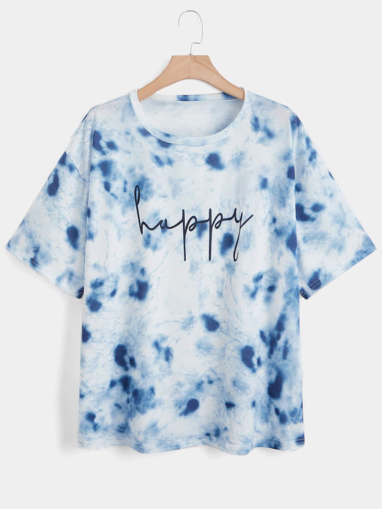 SHEIN LUNE 大碼紮染字母圖案落肩T恤 - 彩色 - 查看 1