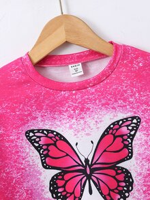 Girls Butterfly Print Drop Shoulder Sweatshirt - Hot Pink - View 5
