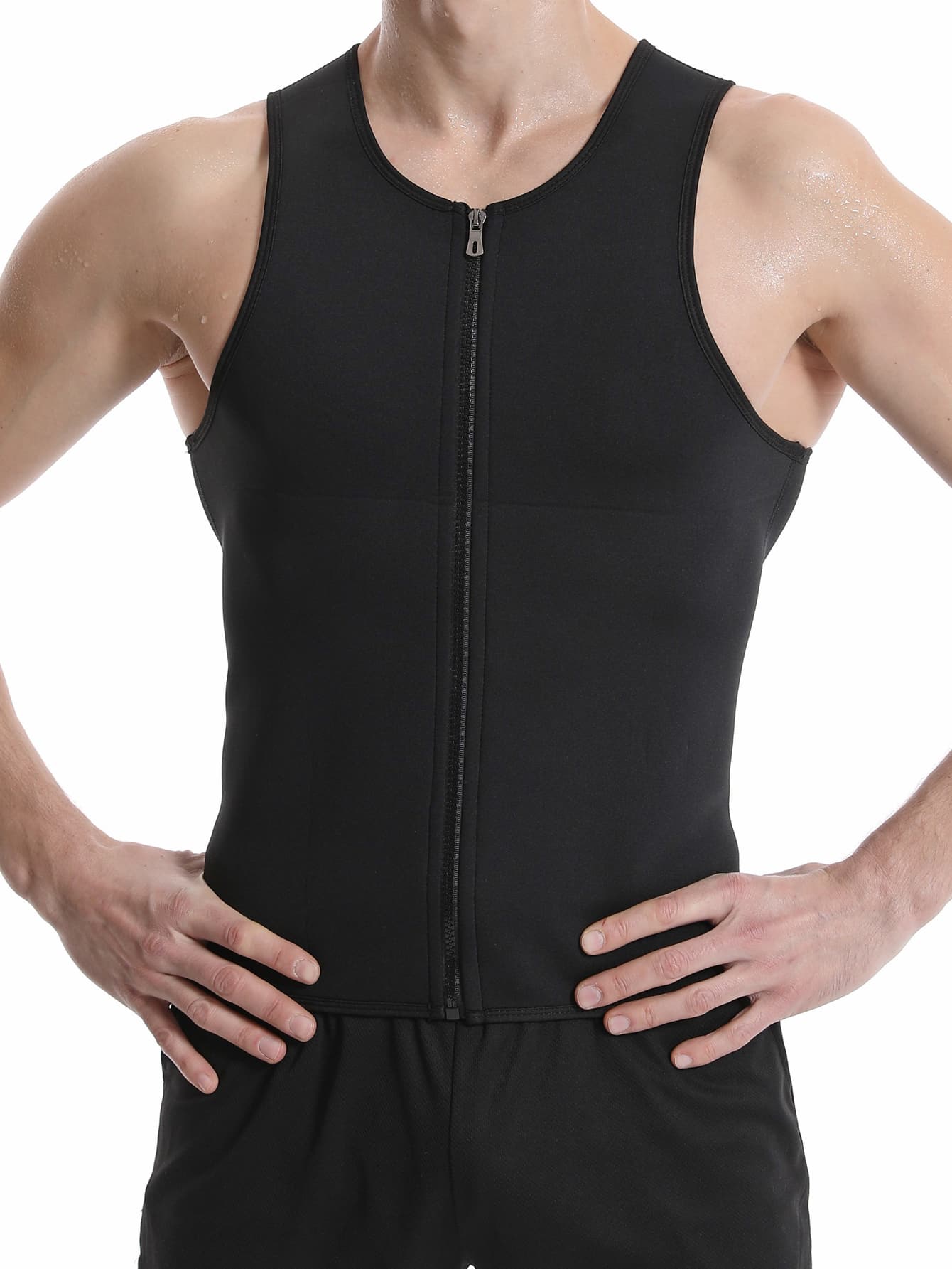 Men Zipper Front Synthetic Rubber Sports Tank Top Gym Clothes Men - Black - View 1