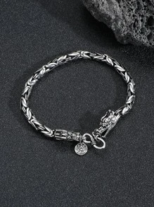 時尚流行男士圓形和中國龍裝飾手鍊合金，適合珠寶禮物和時尚外觀 - 復古銀色 - 查看 2