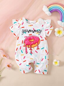 Baby Donut & Letter Graphic Ruffle Trim Romper - White - View 1