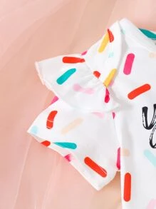 Baby Donut & Letter Graphic Ruffle Trim Romper - White - View 5