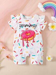 Baby Donut & Letter Graphic Ruffle Trim Romper - White - View 6